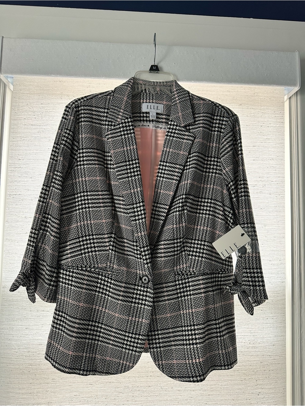 ELLE Black and Pink Glen Plaid Single-Button Blazer